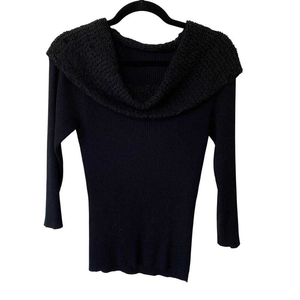 Black Long Sleeve Stretchy Blouse Shawl Cowel Crochet Wide Neckline Medium